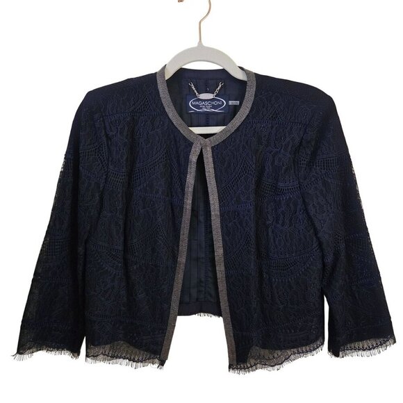 Magaschoni Vintage Unique Silver Beaded Trim Navy Lace Lightweight Jacket Size 8 - Picture 1 of 6
